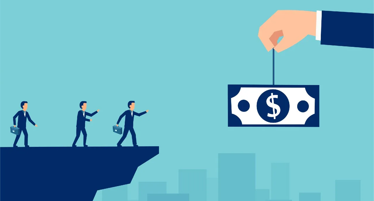 Ilustração de uma mão gigante segurando dinheiro como isca sobre um abismo, representando os riscos em linhas de crédito e financiamentos para trabalhadores.