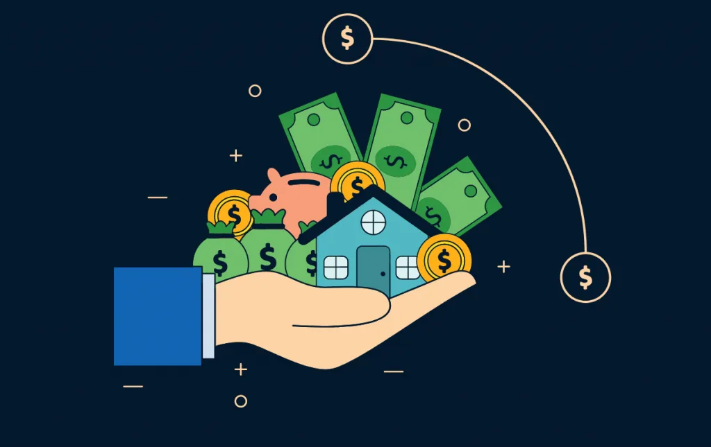 Ilustração de uma mão segurando dinheiro, moedas, um cofrinho e uma casa, representando a tributação de dividendos que movimenta bilhões em 2026.