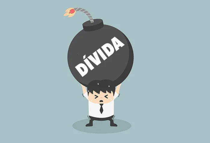 Ilustração de um profissional suando e tremendo enquanto carrega uma bomba preta com a palavra DÍVIDA estampada, representando o impacto da dívida pública nas empresas.