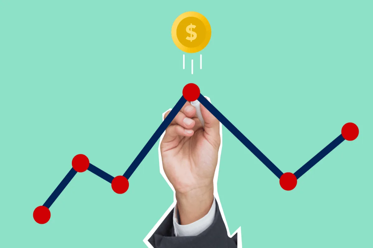 Ilustração de uma mão desenhando um gráfico financeiro com alta de preços, relacionando-se com a reforma tributária em 2027 e a cobrança por consumo.