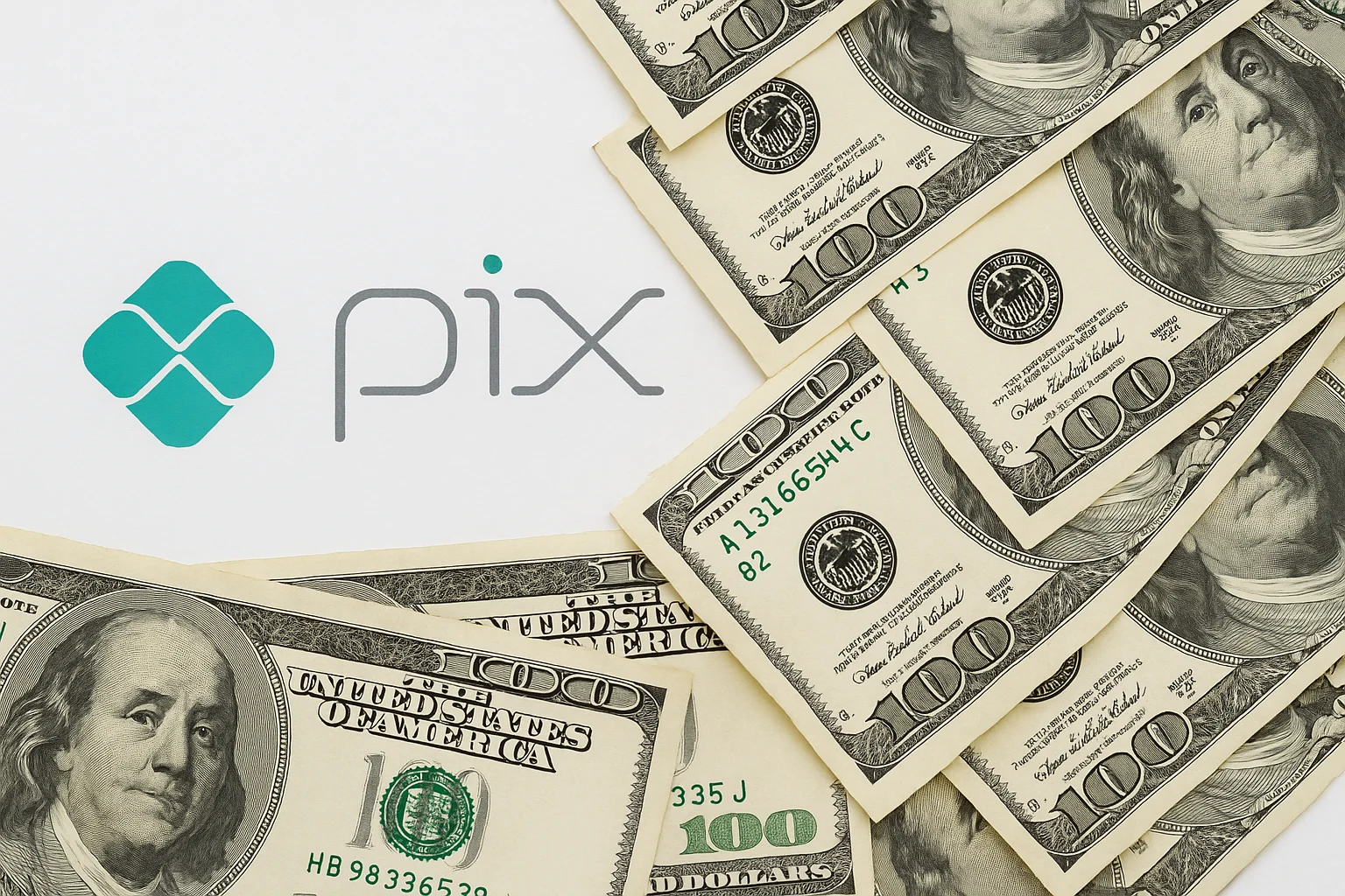 Notas de cem dólares espalhadas ao lado do logotipo do Pix, ilustrando como o Split Payment vai mudar o caixa da sua empresa.