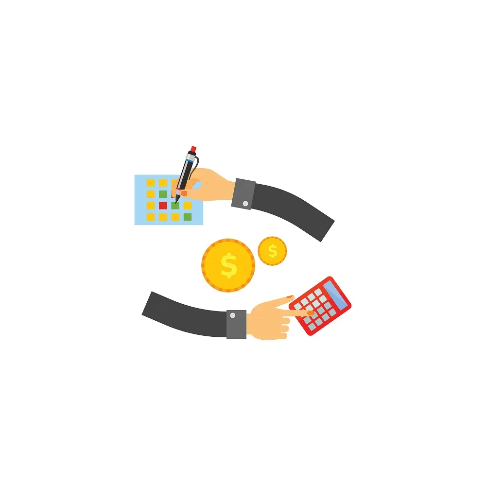 Ilustração de mãos organizando o caixa da empresa com calendário, calculadora e moedas, simbolizando a gestão financeira que será otimizada pelo Split Payment no Pix.