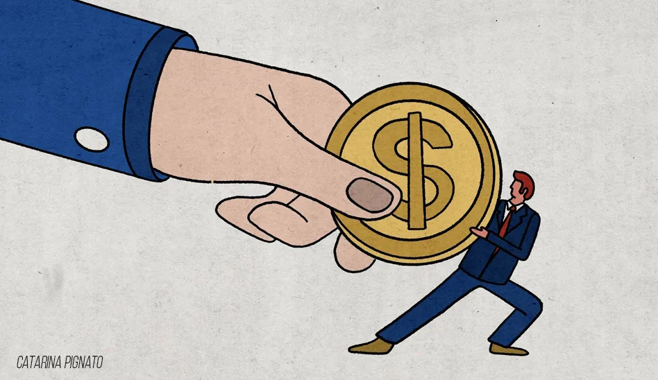Ilustração de uma mão gigante empurrando uma moeda com o símbolo de dólar contra um empresário, representando o impacto do tarifaço nas empresas.