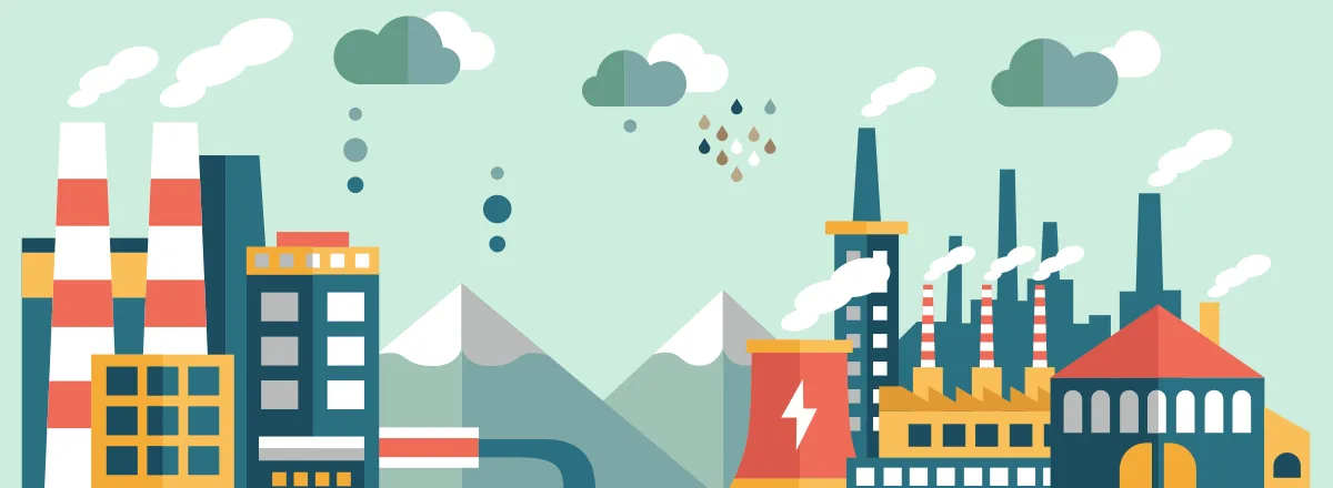 Ilustração vetorial em estilo flat design de um complexo industrial poluente com chaminés e fumaça, representando o impacto fiscal corporativo associado a precatórios.