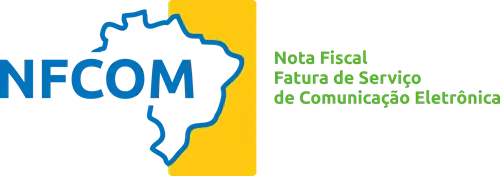 Logotipo da NFCom, a Nota Fiscal Fatura de Serviço de Comunicação Eletrônica, com o mapa do Brasil e o texto explicativo sobre o adiamento da cobrança de terceiros para 2027.