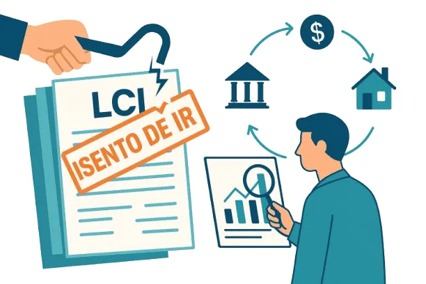 Ilustração vetorial representando o fim da isenção de IR na LCI e seu impacto no caixa empresarial, mostrando um documento de LCI sendo quebrado por um pé de cabra enquanto um profissional analisa gráficos financeiros.