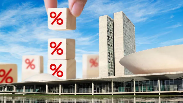 Mão empilhando blocos com símbolos de porcentagem em frente ao Congresso Nacional, ilustrando os impactos da Reforma Tributária nas empresas.