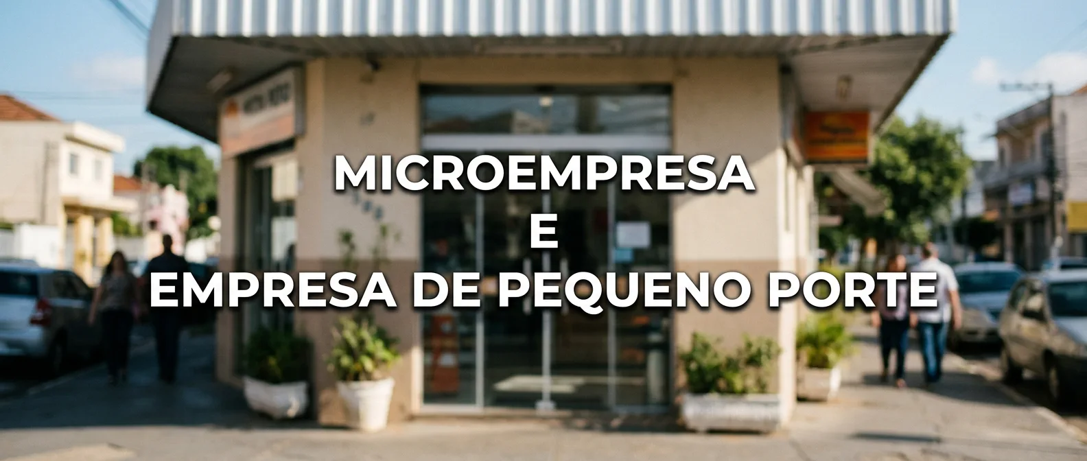 Fachada de pequeno comércio de rua com o texto Microempresa e Empresa de Pequeno Porte em destaque, ilustrando mudanças na NF-e Nacional.