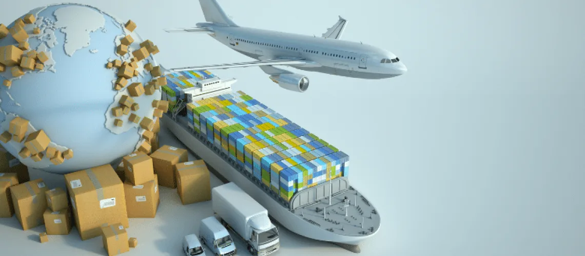 Ilustração 3D de comércio internacional com globo terrestre, navio porta-contêineres, avião de carga e caminhões, representando soluções de drawback para empresas afetadas por tarifaço.