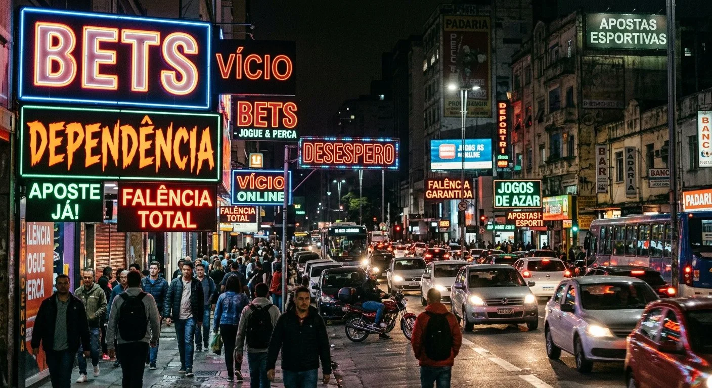 Foto urbana noturna com pedestres e trânsito na rua, onde grandes placas de néon com os dizeres BETS, Vício, Dependência e Falência Total ilustram o tema de bets na mira da Receita.