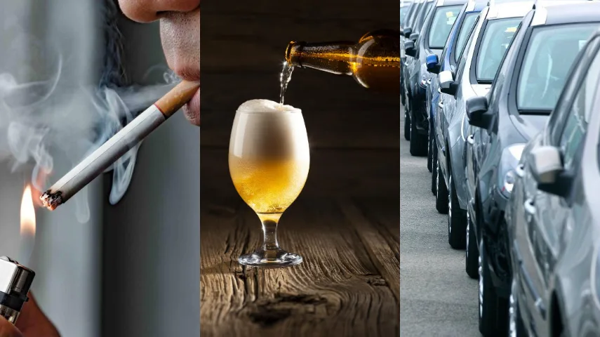 Imagem dividida em três partes mostrando cigarro, cerveja e carros alinhados, ilustrando produtos que serão afetados pelo imposto do pecado no orçamento de 2027.