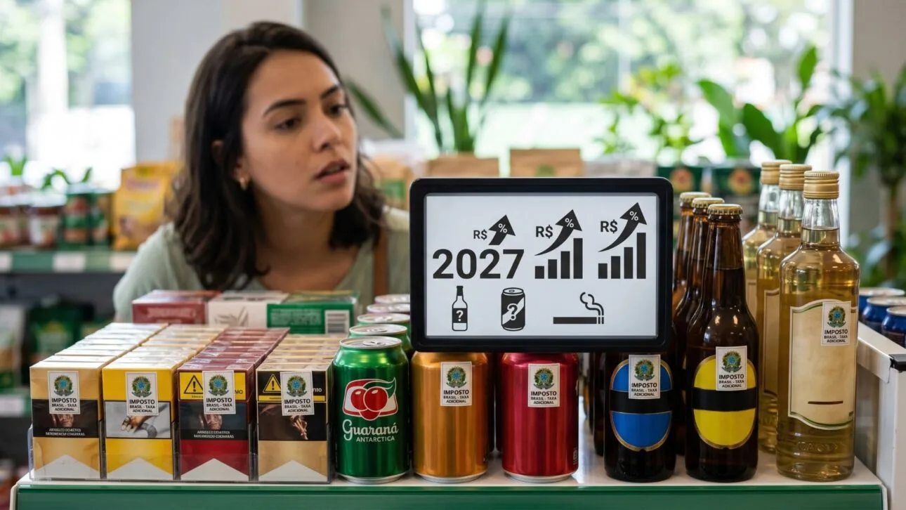 Mulher observa prateleira de supermercado com bebidas e cigarros ao lado de um painel digital que ilustra o imposto do pecado previsto para 2027.