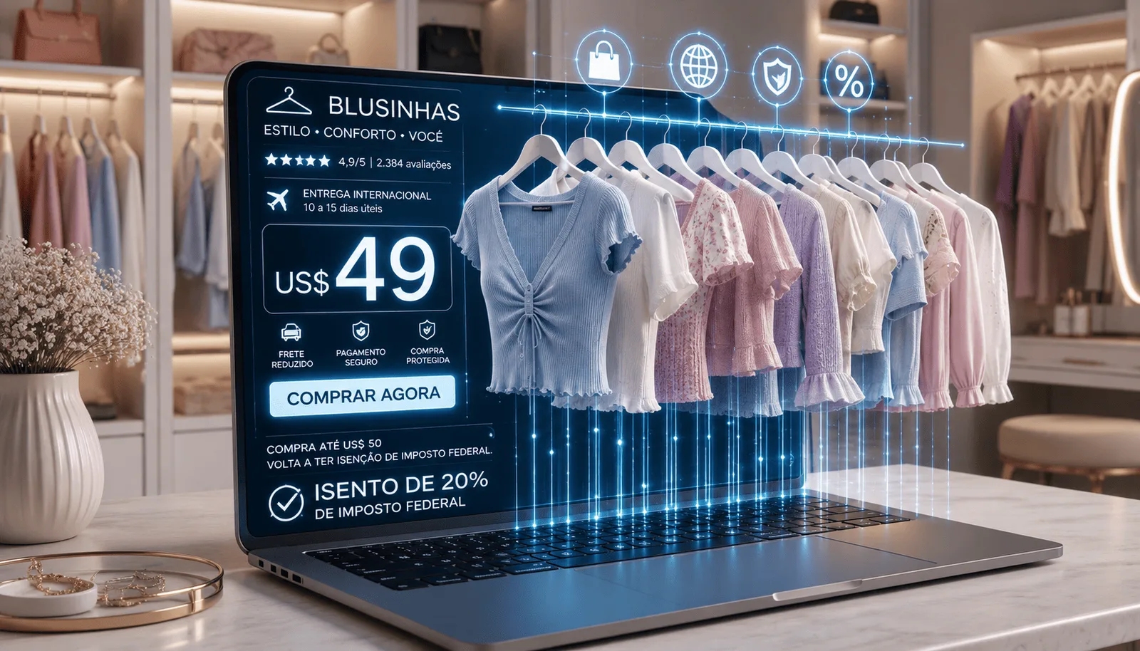Notebook aberto sobre uma mesa exibe na tela o site de um e-commerce de roupas com blusinhas penduradas em cabides virtuais, ilustrando o impacto da taxa das blusinhas e o cálculo de impostos de importação.