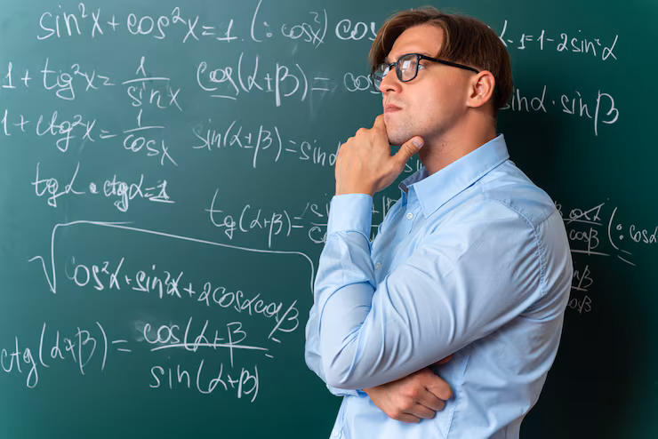 Homem de óculos com a mão no queixo reflete pensativo diante de uma lousa repleta de cálculos complexos, ilustrando a indefinição das alíquotas da Reforma Tributária para 2027.