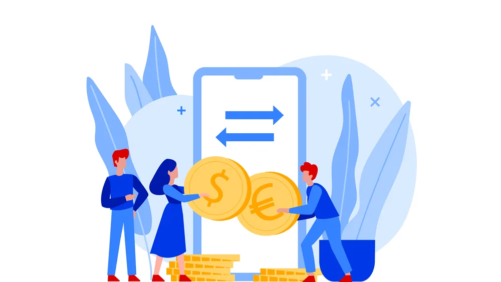 Ilustração de três pessoas em tons de azul interagindo com moedas e um smartphone, representando a transição de carreira de trabalhadores CLT para MEI.