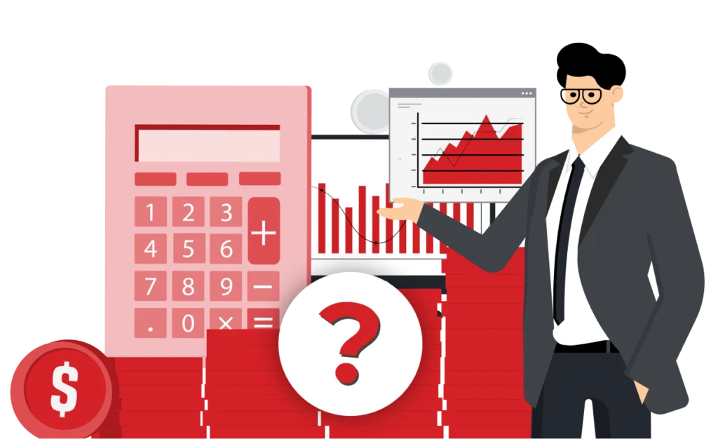 Ilustração de um empresário ao lado de uma calculadora gigante, gráficos financeiros e um símbolo de interrogação, ilustrando o Guia do Sebrae para financiamento de pequenos negócios.