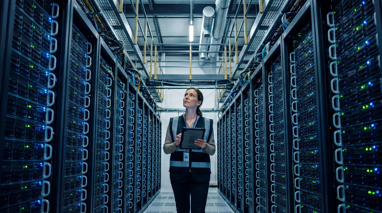 Técnica de TI com tablet em um data center moderno beneficiado por programa de redução de impostos para instalação de servidores.