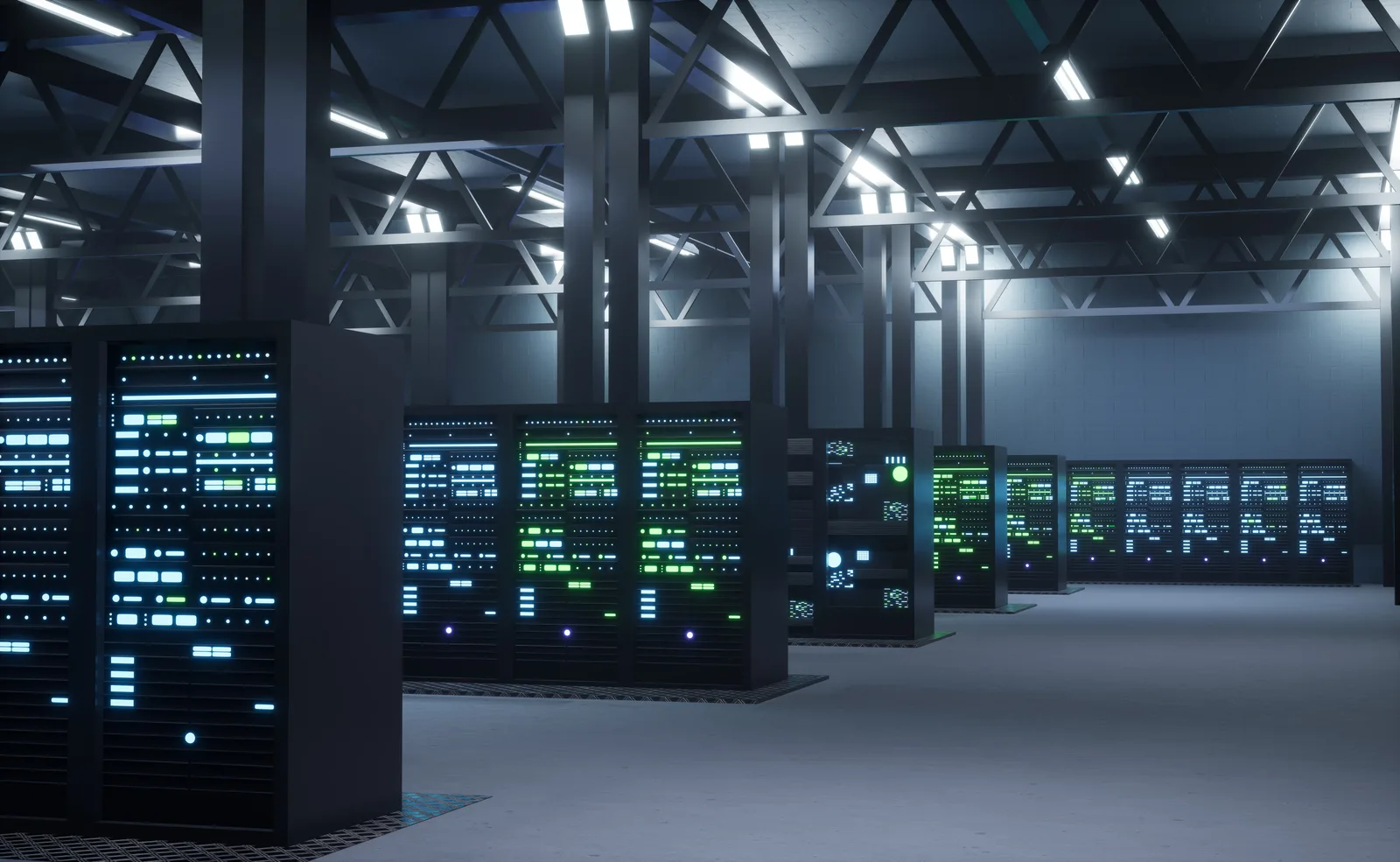 Interior de um data center moderno beneficiado por programa de redução de impostos para instalação de servidores, com fileiras de racks iluminados.