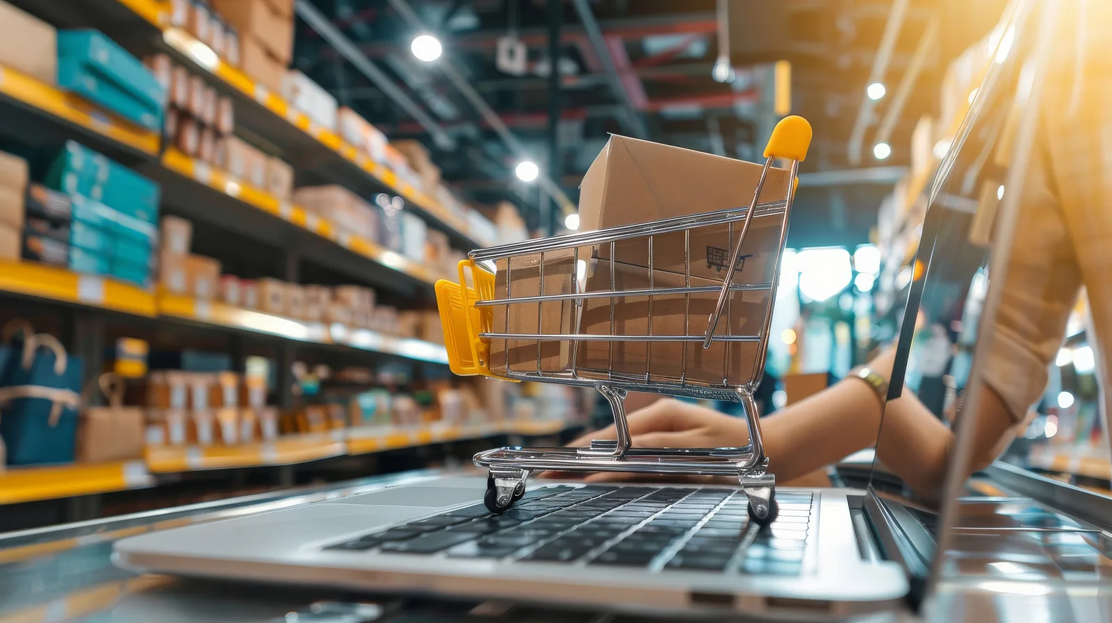 Carrinho de compras em miniatura com caixas sobre um notebook, ilustrando a cadeia de distribuição que precisa revisar contratos devido à Reforma Tributária.