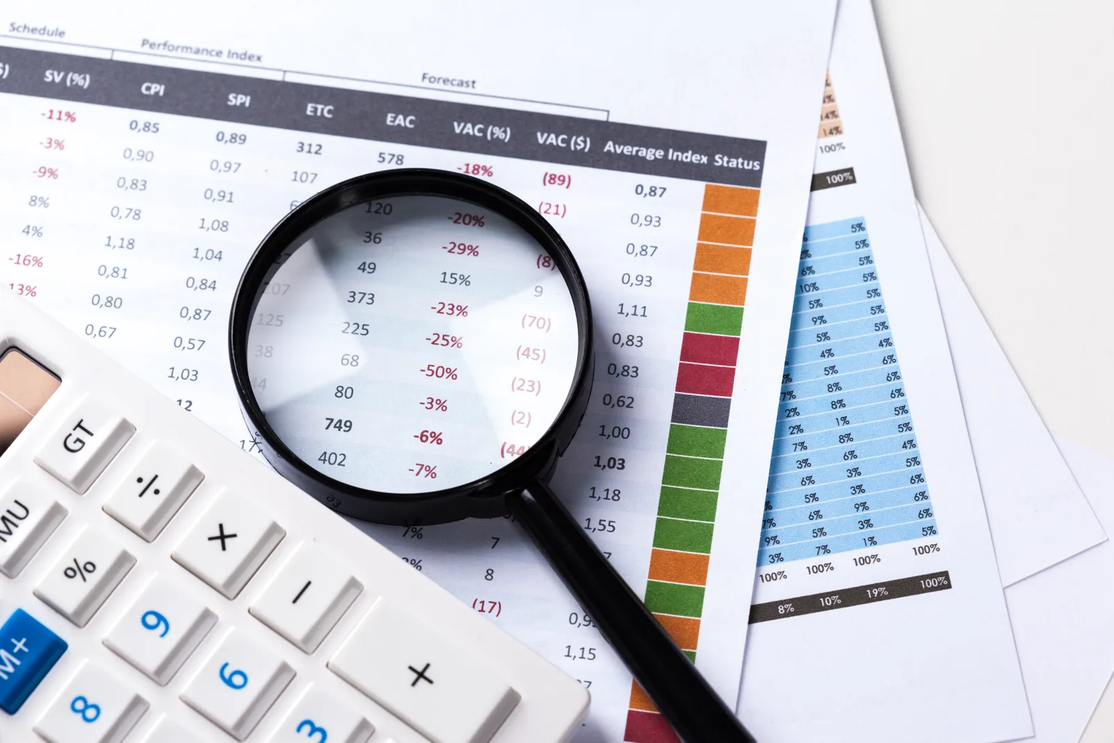 Lupa sobre planilhas financeiras e calculadora, ilustrando a verificação de parcelas em atraso no FGTS Digital.