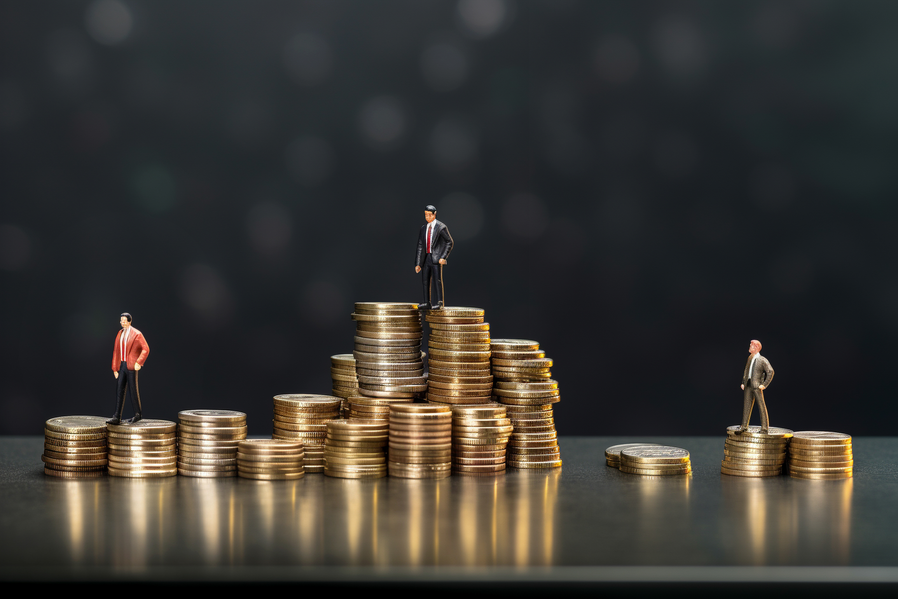 Miniaturas de empresários sobre pilhas de moedas simbolizando o planejamento financeiro e a tributação de lucros e dividendos.