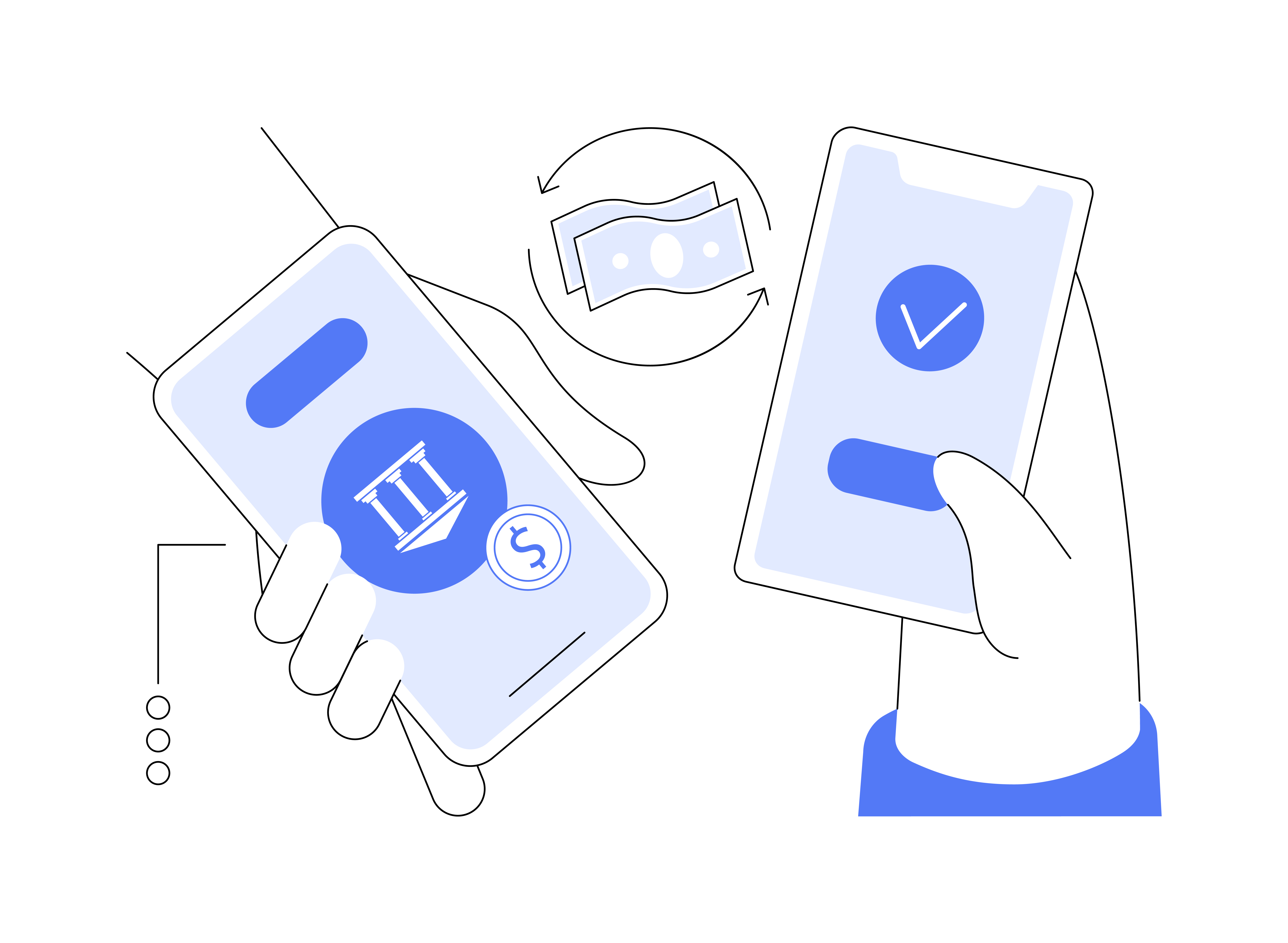 Ilustração vetorial em tons de azul mostrando duas mãos segurando smartphones em uma transação financeira, representando o impacto do split payment no caixa e nos sistemas empresariais.