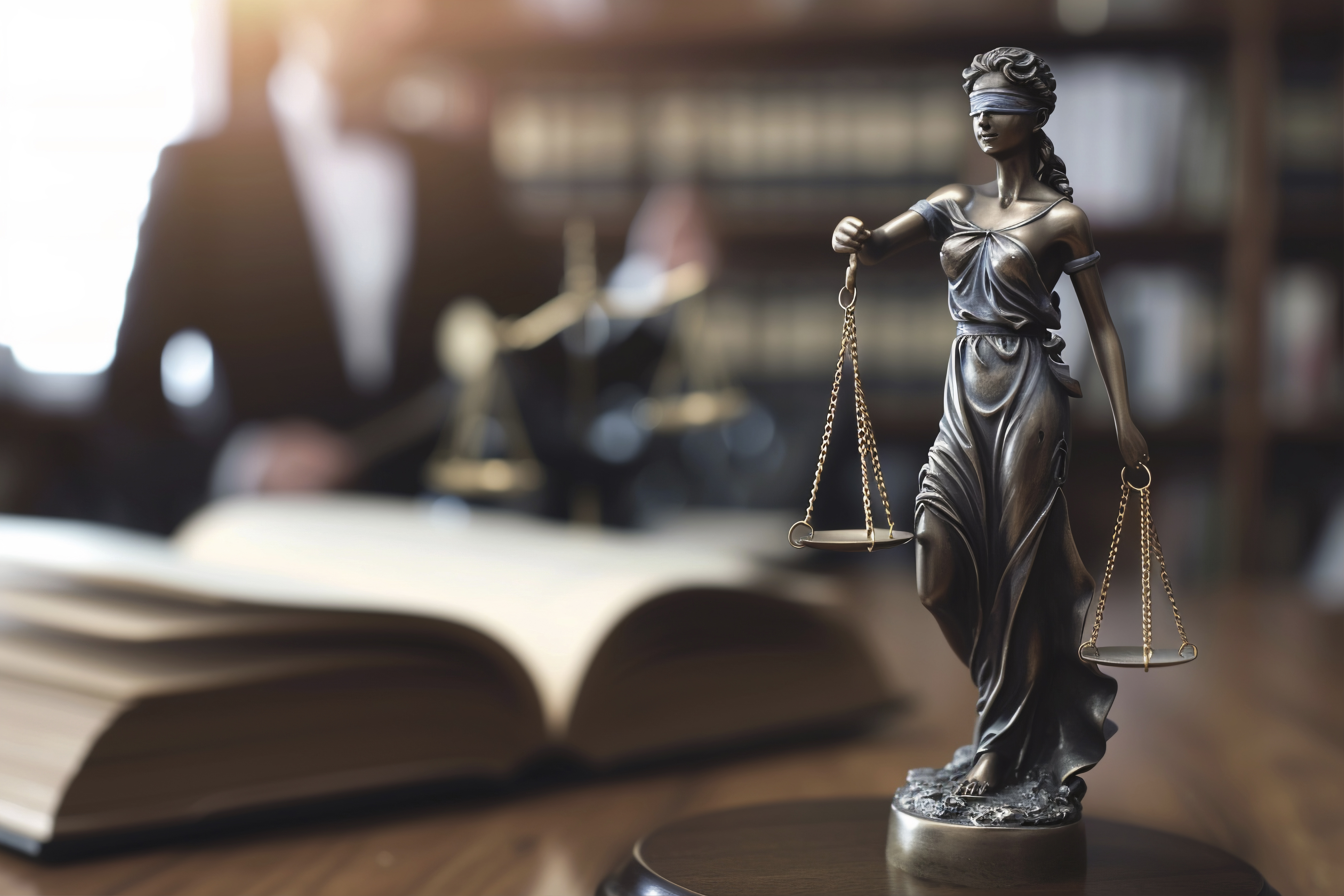 Estátua da Justiça sobre uma mesa de escritório com livro aberto ao fundo, ilustrando os riscos legais da dedução do PAT na CSLL.
