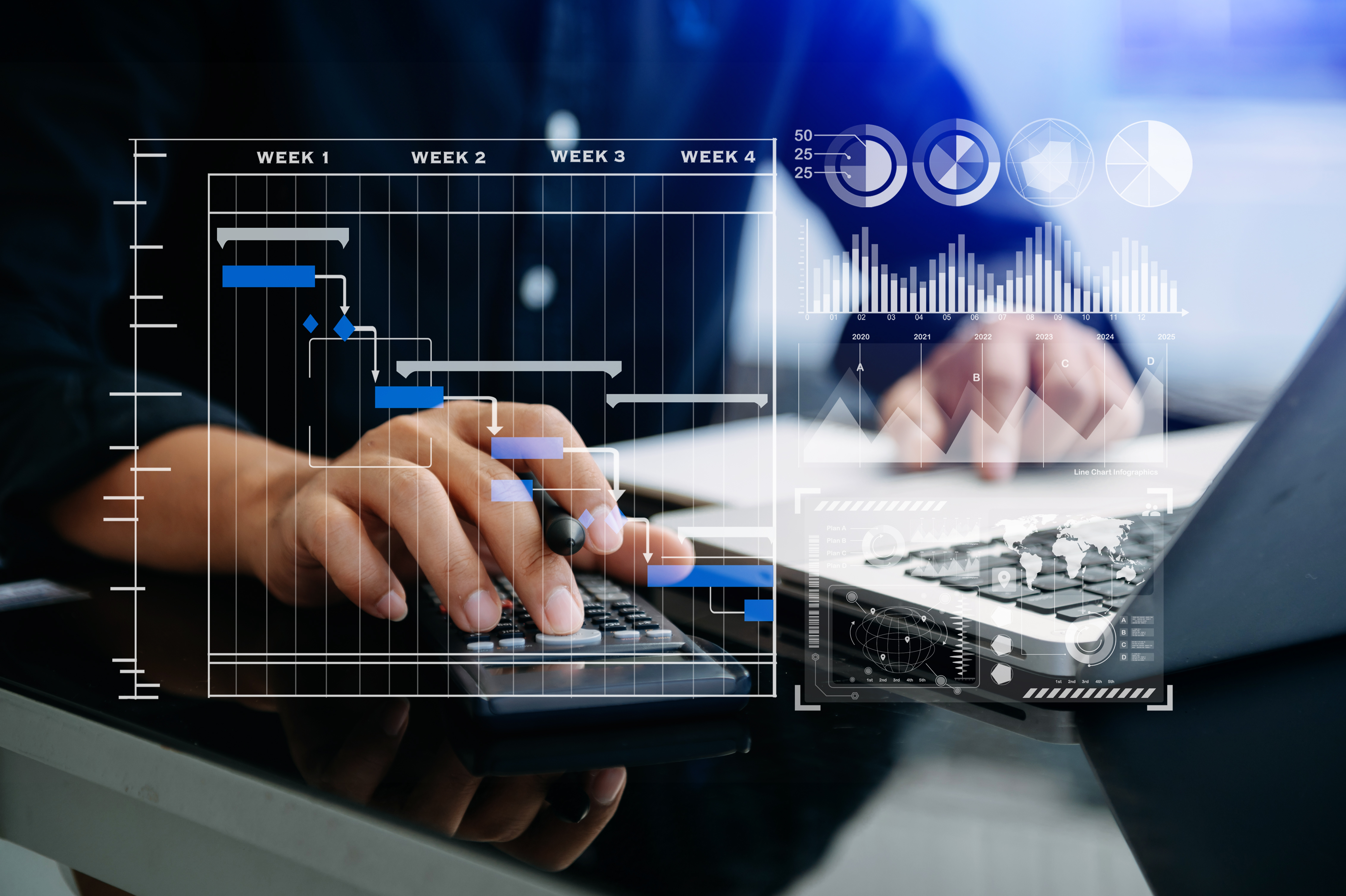 Profissional utiliza calculadora e notebook sobrepostos a gráficos e interfaces digitais de planejamento, ilustrando a adaptação fiscal exigida pela tecnologia e pela reforma tributária.