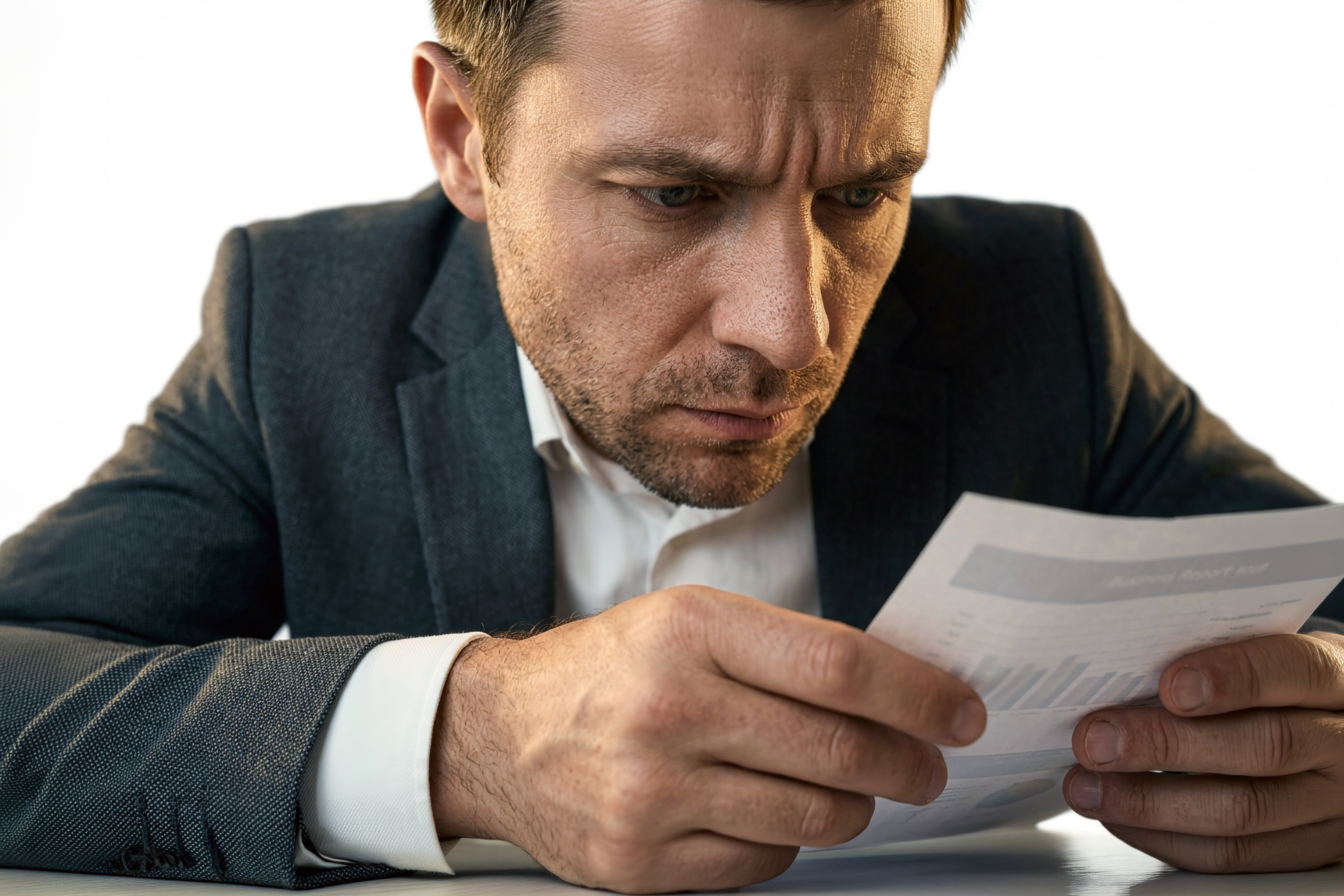 Empresário preocupado analisa atentamente uma nota fiscal rejeitada que travou sua operação.