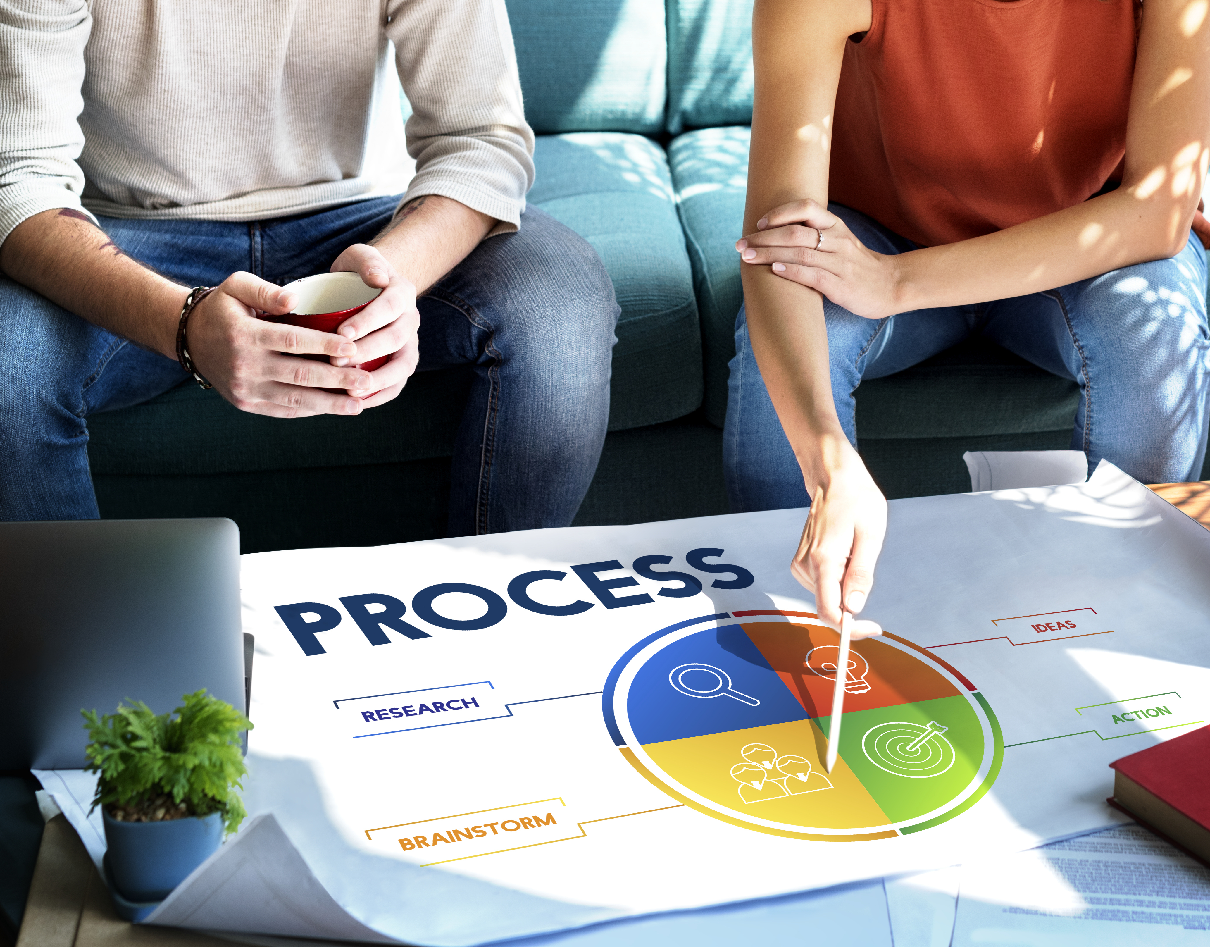 Duas pessoas sentadas revisam um fluxograma de processos com etapas como pesquisa e ação, ilustrando a necessidade de adequação às novas regras de auditoria.